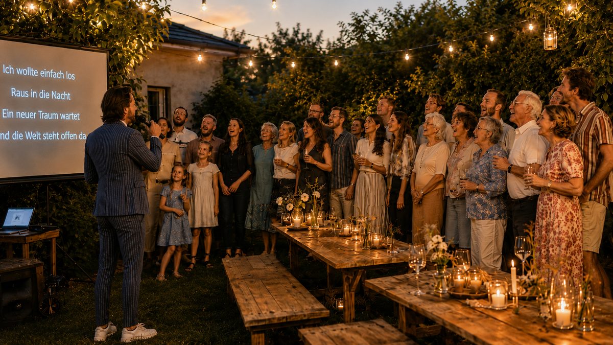 RUDELSINGEN auf einem Gartenfest – gemeinsames Singen unter Lichterketten